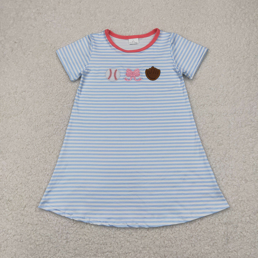 5.20 GSD2220 RTS NO MOQ Baby Girls Summer Dress Embroidery Baby Girls Light Blue Stripe Short Sleeves Bows Baseball Knee Length Dresses