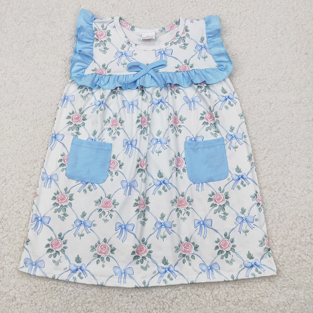 5.17 GSD2230 RTS NO MOQ Baby Girls Summer Dress Baby Girls Pink Flowers Blue Bow Dress
