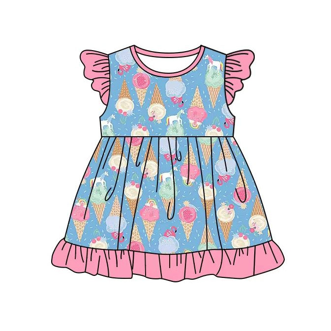 Girls Summer Clothes Ice Cream Tunic with Flutter Sleeves And Shorts Matching Set Sweet Biscotti Flavor for Kids' Outfits