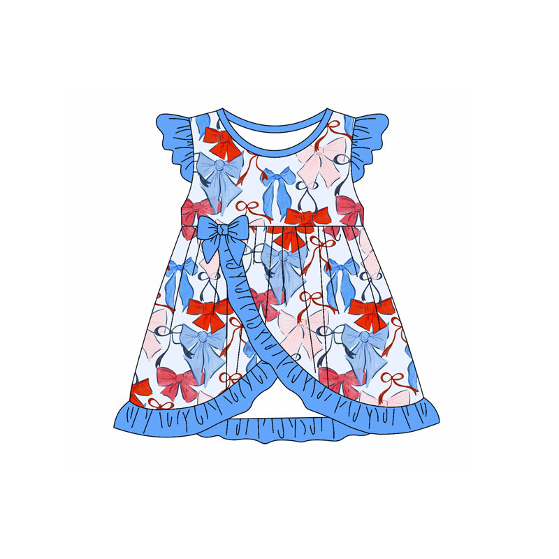 Girls Red Blue Bow Tunic Shorts Outfit with Flutter Sleeves for 4th of July Independence Day Celebration
