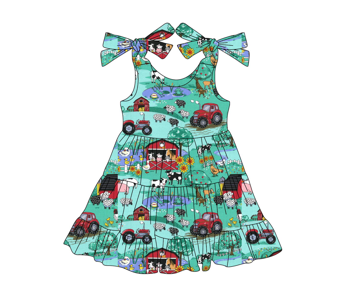 Girls Patchwork Farm Dress Green Plaid Straps Pig Tractors Theme Children's Casual Skirt Spring/Summer Autumn