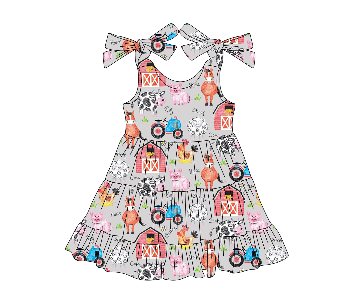 Girls Patchwork Farm Dress Green Plaid Straps Pig Tractors Theme Children's Casual Skirt Spring/Summer Autumn