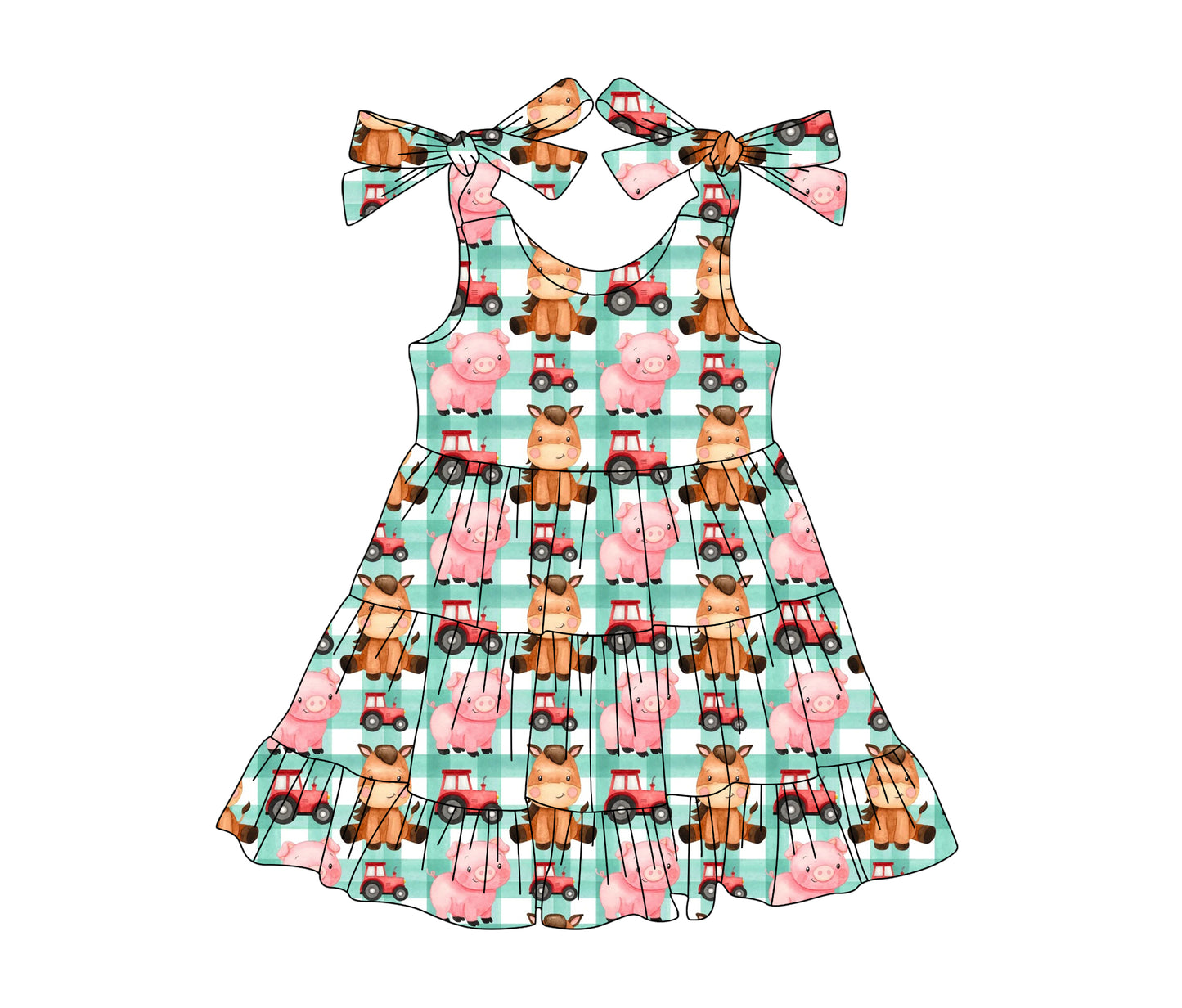 Girls Patchwork Farm Dress Green Plaid Straps Pig Tractors Theme Children's Casual Skirt Spring/Summer Autumn