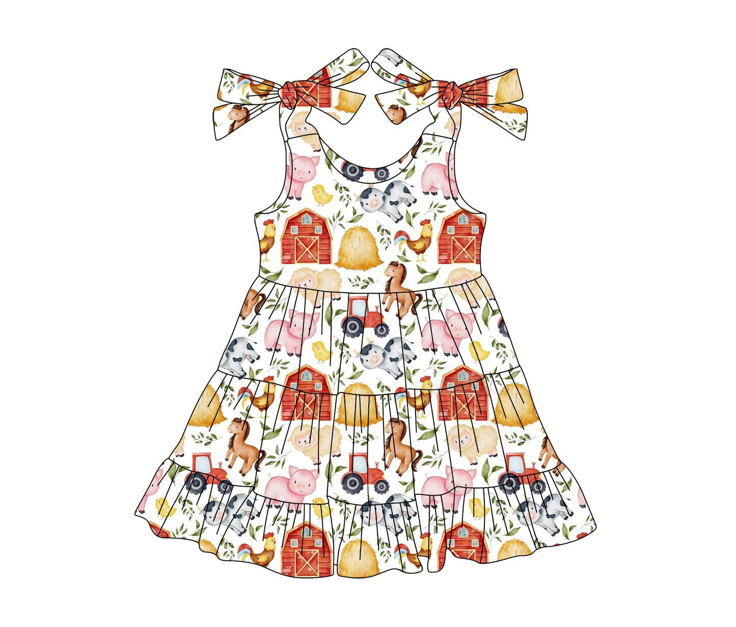 Girls Patchwork Farm Dress Green Plaid Straps Pig Tractors Theme Children's Casual Skirt Spring/Summer Autumn