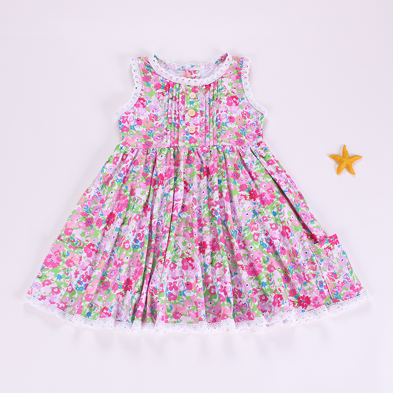 pre order Pink Floral Print Sleeveless Baby Girls Dress with Pockets Cute Summer Dress for Little Girls