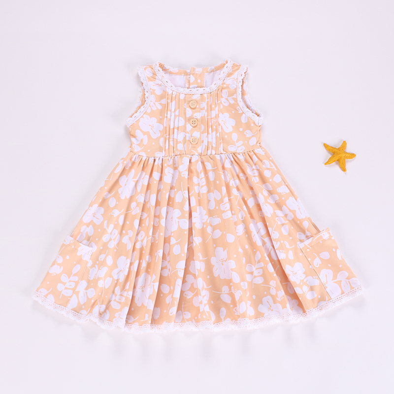 pre order Pink Floral Print Sleeveless Baby Girls Dress with Pockets Cute Summer Dress for Little Girls