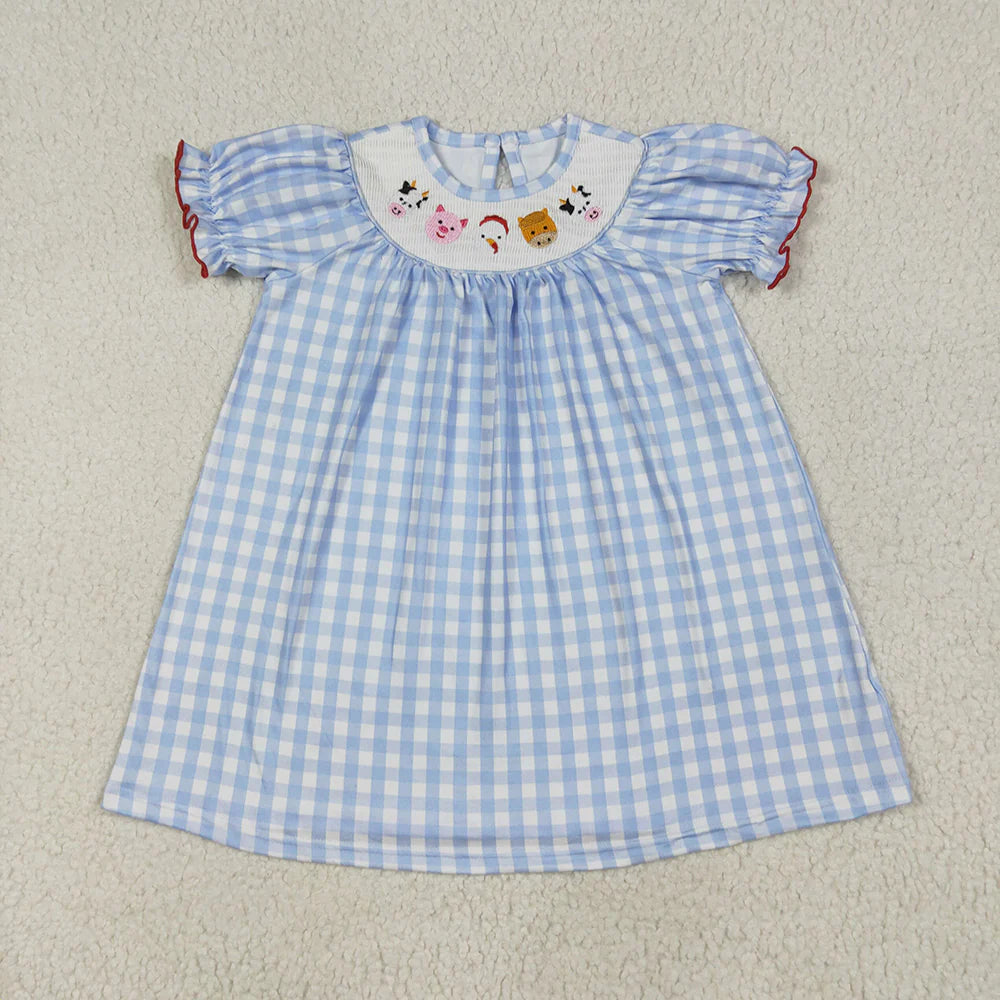 10.3 RTS Sibling Baby Girls Blue Plaid Cows Pigs Farm Smocked Rompers Dresses