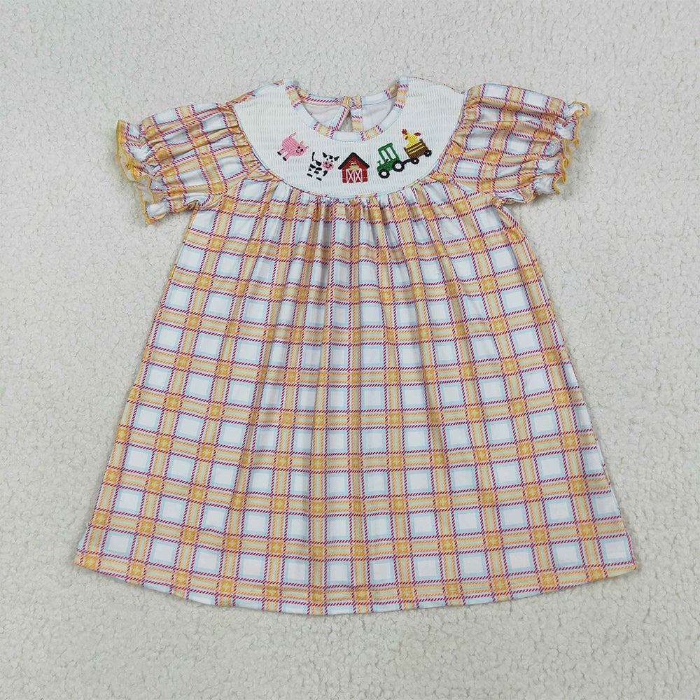 RTS Sibling Cow tractor plaid short sleeves farm girls dresses rompers