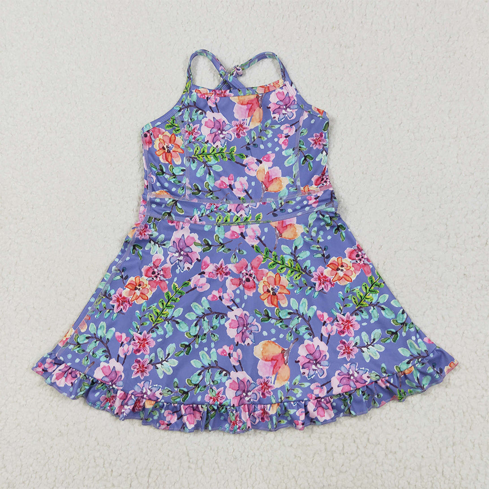 6.03 GSD2279 RTS NO MOQ Baby Girls Summer Yoga Dress Baby Girls Purple Strap Floral Yoga Ruffle Knee Length Dresses