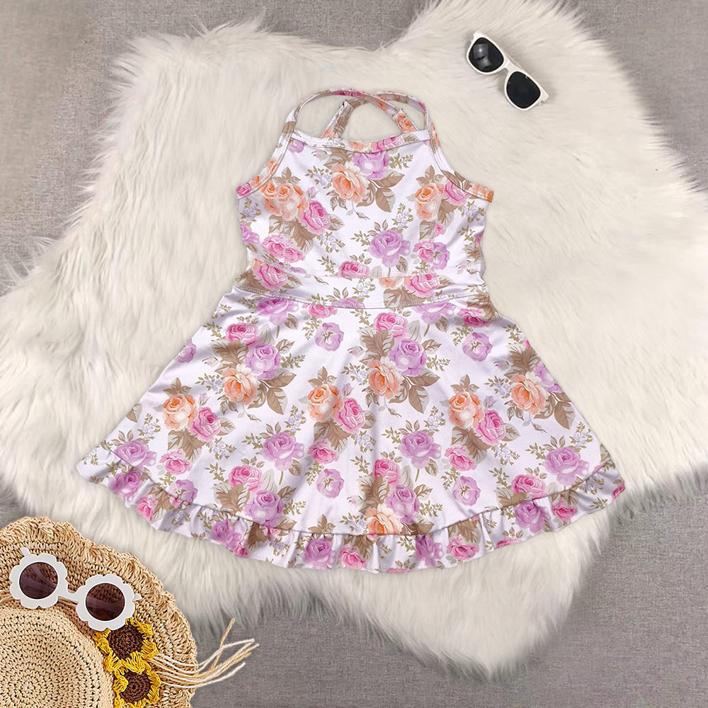 8.18 Sibling Baby Girls Summer Yoga Dress Straps pink yellow floral ruffle kids girls athletic dresses