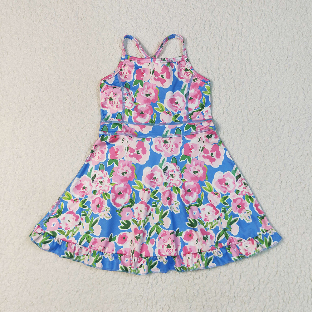 RTS NO MOQ (In stock)GSD2284 Baby Girls Summer Yoga Dress Baby Girls Blue Strap Colorful Floral Yoga Ruffle Knee Length Dresses