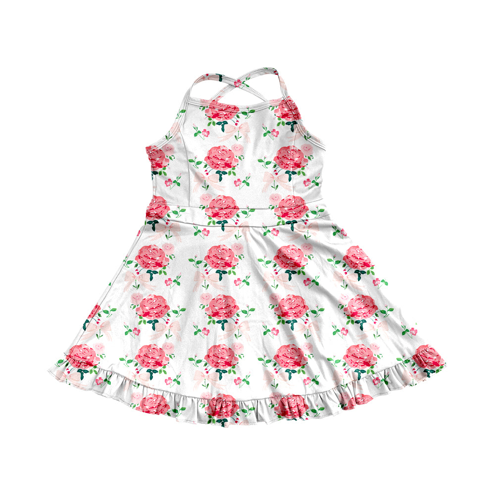 6.02 Pre order Kids Girls Peach Floral Ruffle Athletic Dresses Straps Cute Floral Print Girls Dress Summer Sleeveless Gymnastics Dancewear