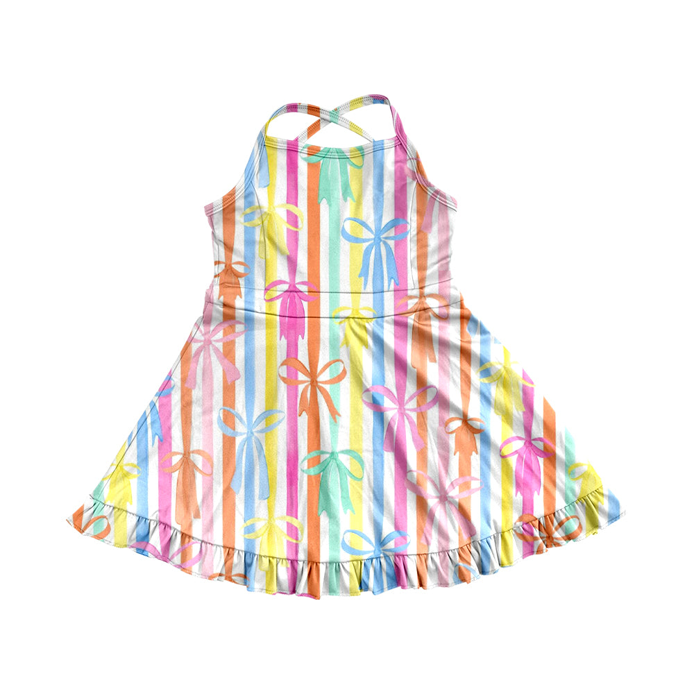 6.02 Pre order Colorful Bows Ruffle Kids Girls Athletic Dresses Straps Cute Fashionable Girls Sportswear for Children