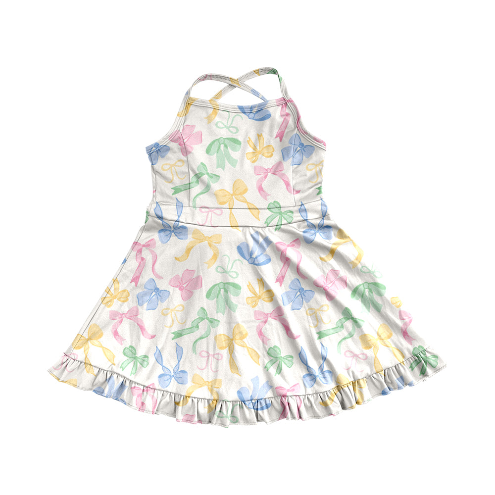 6.02 Pre order Colorful Bows Ruffle Kids Girls Athletic Dresses Straps Cute Fashionable Girls Sportswear for Children