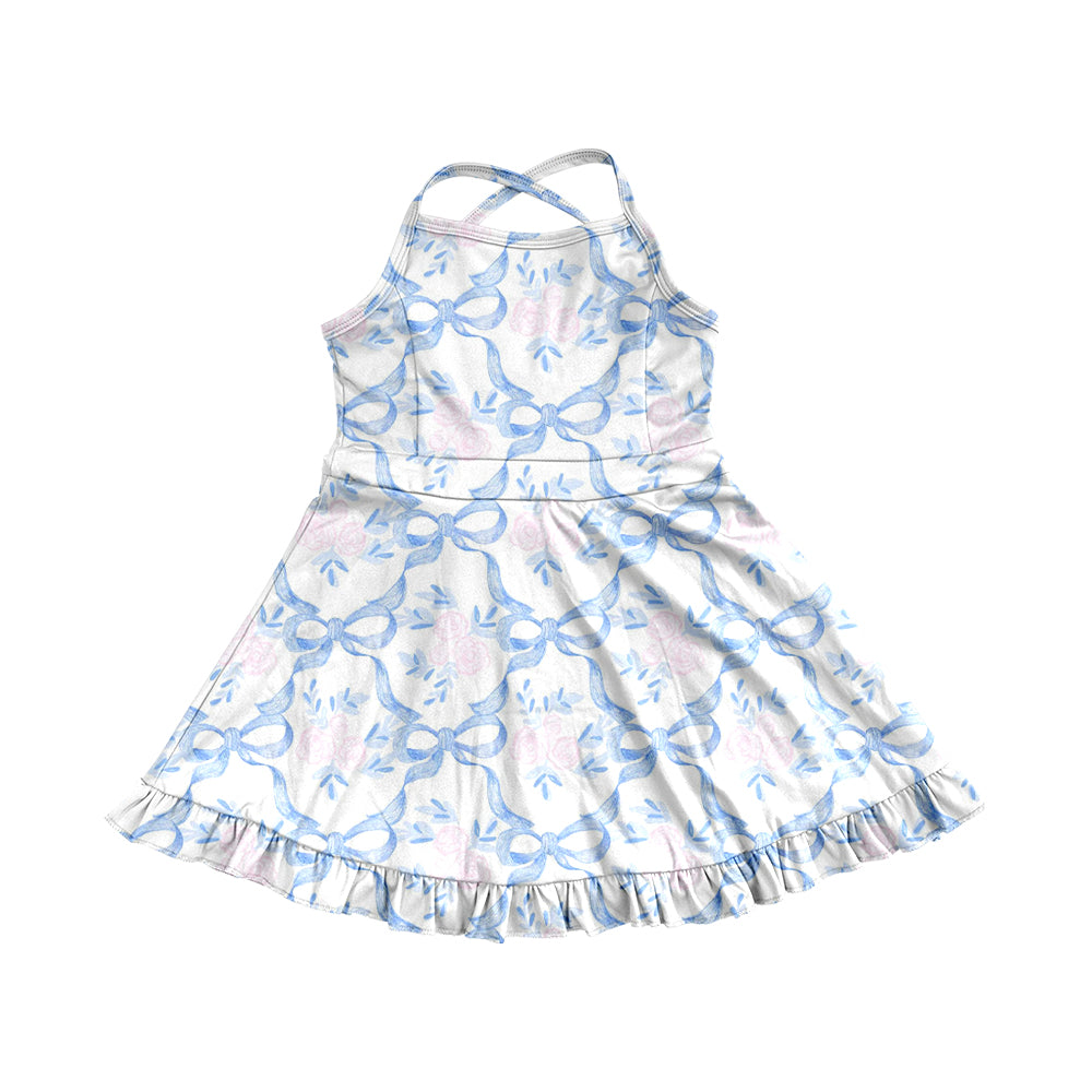 6.02 Pre order Colorful Bows Ruffle Kids Girls Athletic Dresses Straps Cute Fashionable Girls Sportswear for Children