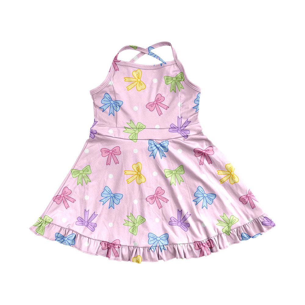 6.02 Pre order Colorful Bows Ruffle Kids Girls Athletic Dresses Straps Cute Fashionable Girls Sportswear for Children