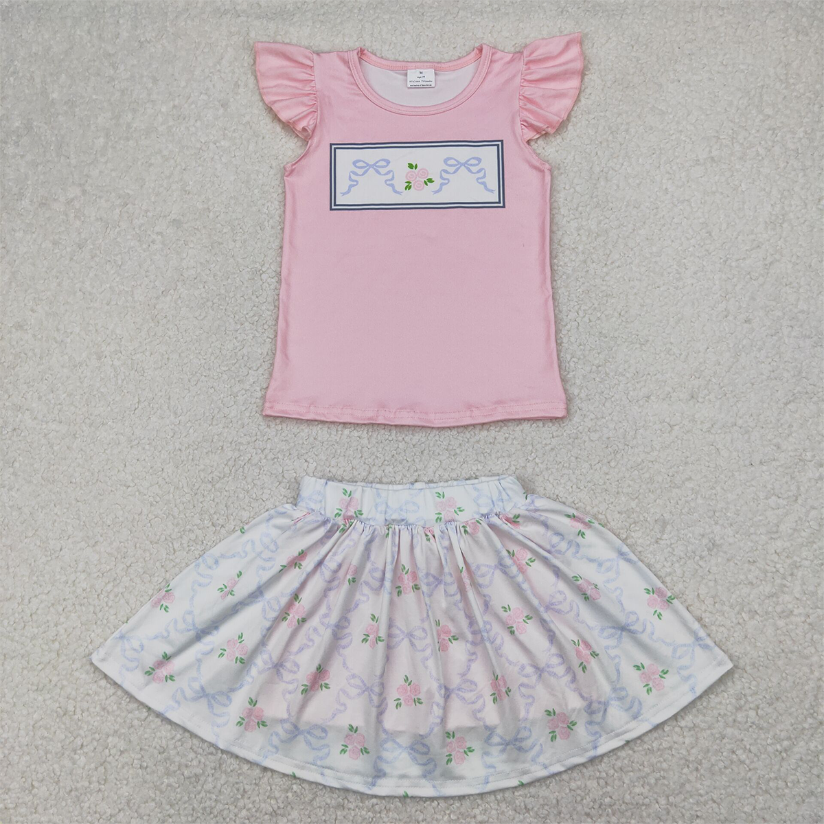 4.09 GSD2298 RTS NO MOQ Baby Girls Skirt Sets Baby Girls Summer Outfits Flutter sleeves floral bow top skirt kids girls clothes