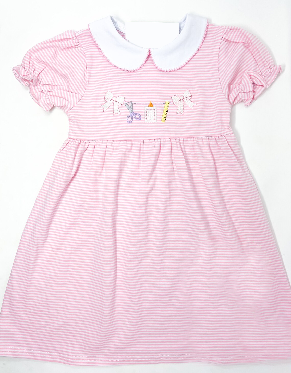 4.28 GSD2304 Pre order Pink stripe bow ruler glue kids girls back to school dress