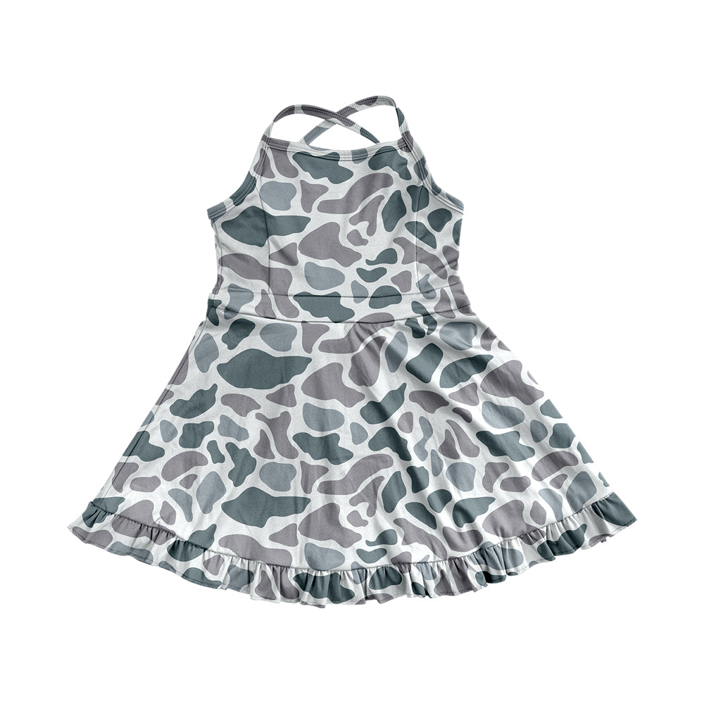 4.24 Pre order Girls Purple Camo Straps Ruffle Athletic Dress Children's Sportswear with Adjustable Straps for Comfortable Fit