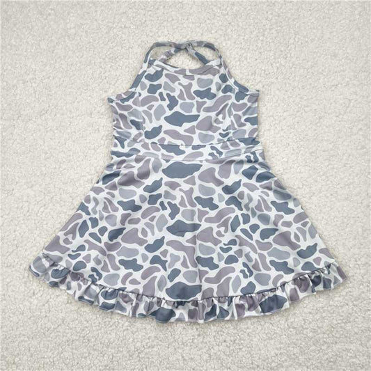USA Warehouse (IN STOCK) GSD2308 Girls Grey Camo Straps Ruffle Athletic Dress Youth Fashion Sportswear