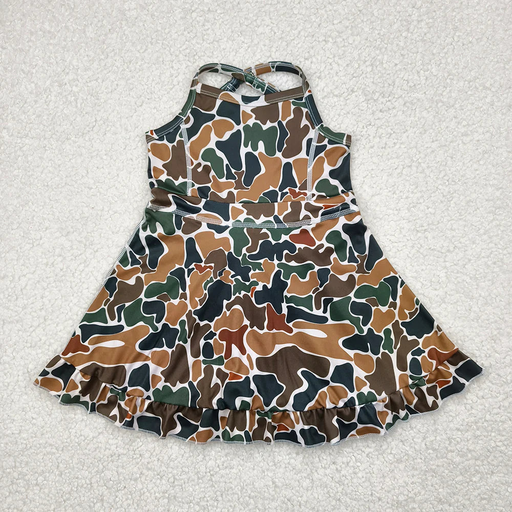 10.18 RST Sibling 6 colors Baby Girls Strap Camo Yoga Ruffle Knee Length Dresses