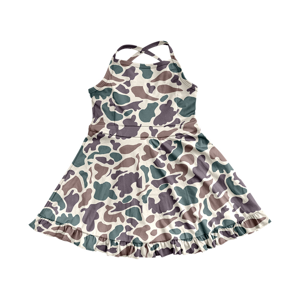 4.24 Pre order Girls Purple Camo Straps Ruffle Athletic Dress Children's Sportswear with Adjustable Straps for Comfortable Fit