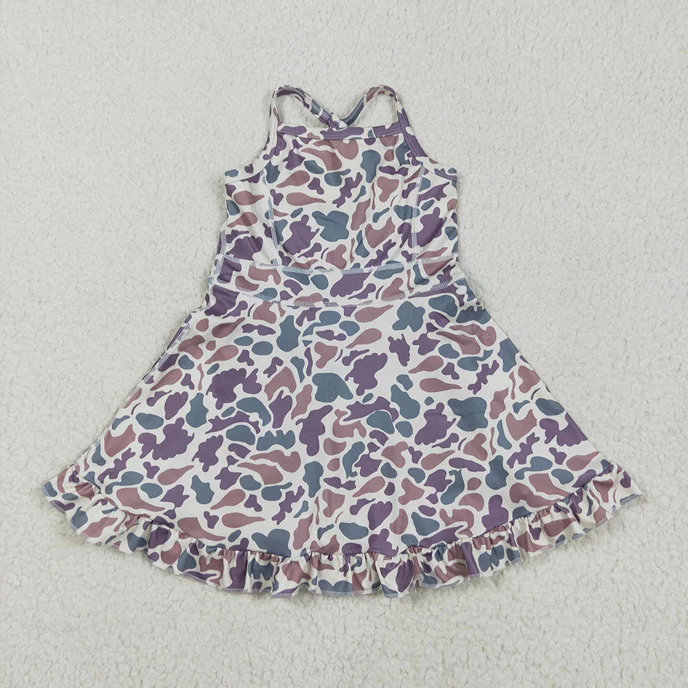 10.18 RST Sibling 6 colors Baby Girls Strap Camo Yoga Ruffle Knee Length Dresses