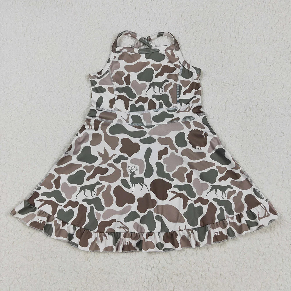 10.18 RST Sibling 6 colors Baby Girls Strap Camo Yoga Ruffle Knee Length Dresses