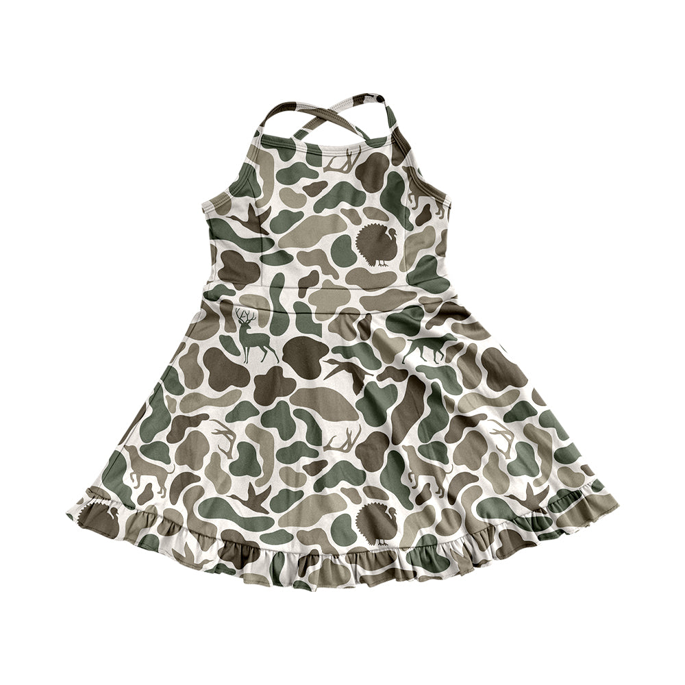 4.24 Pre order Girls Purple Camo Straps Ruffle Athletic Dress Children's Sportswear with Adjustable Straps for Comfortable Fit