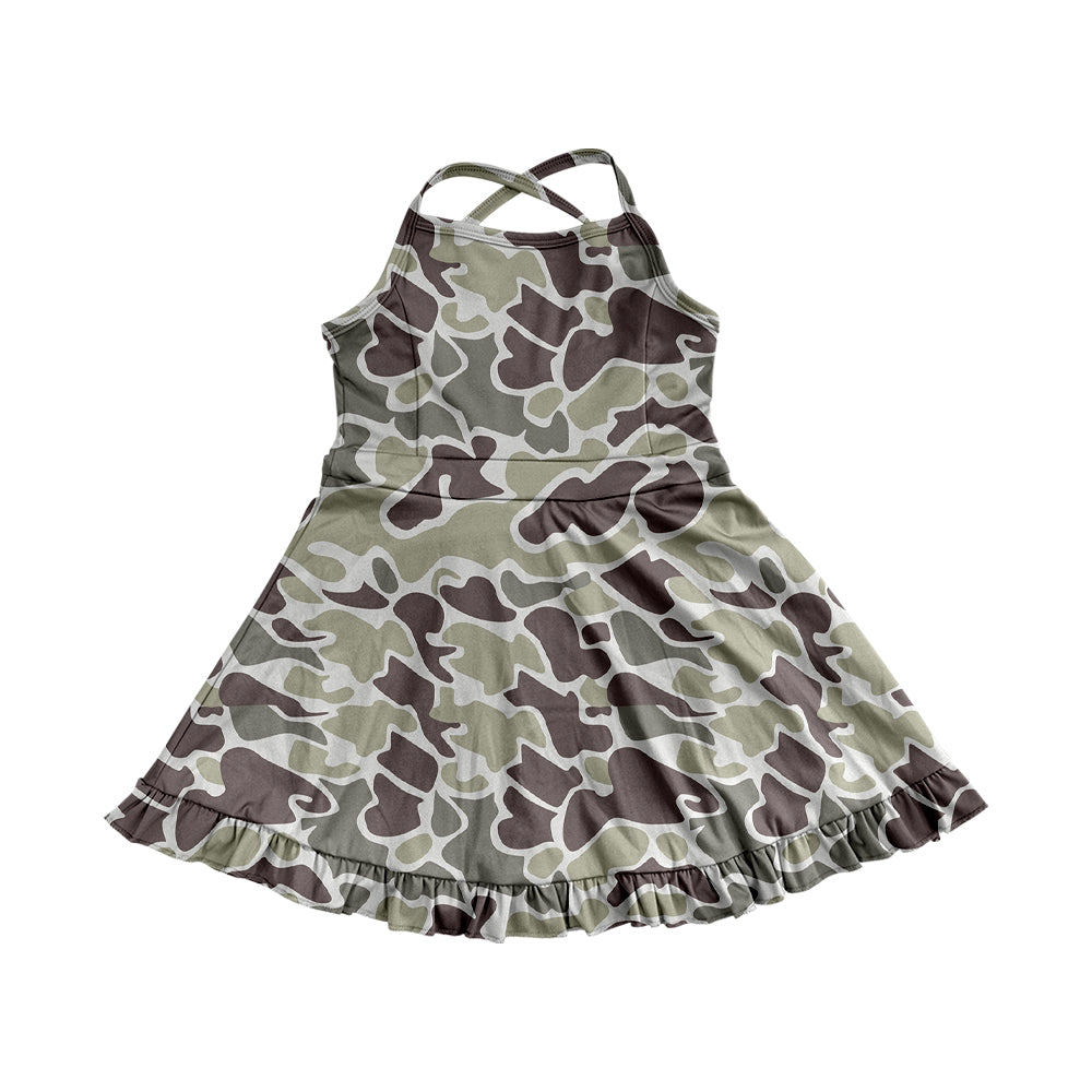 4.24 Pre order Girls Purple Camo Straps Ruffle Athletic Dress Children's Sportswear with Adjustable Straps for Comfortable Fit