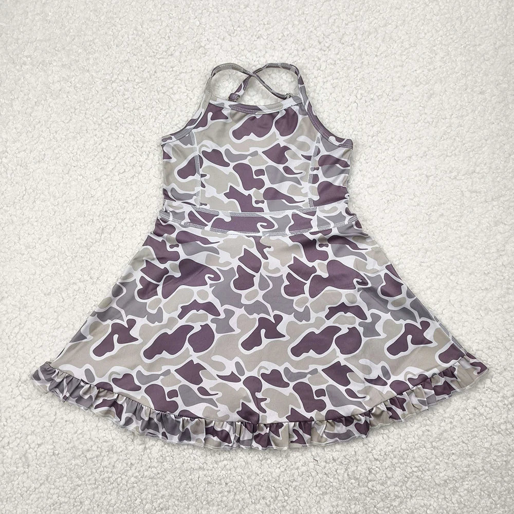 10.18 RST Sibling 6 colors Baby Girls Strap Camo Yoga Ruffle Knee Length Dresses