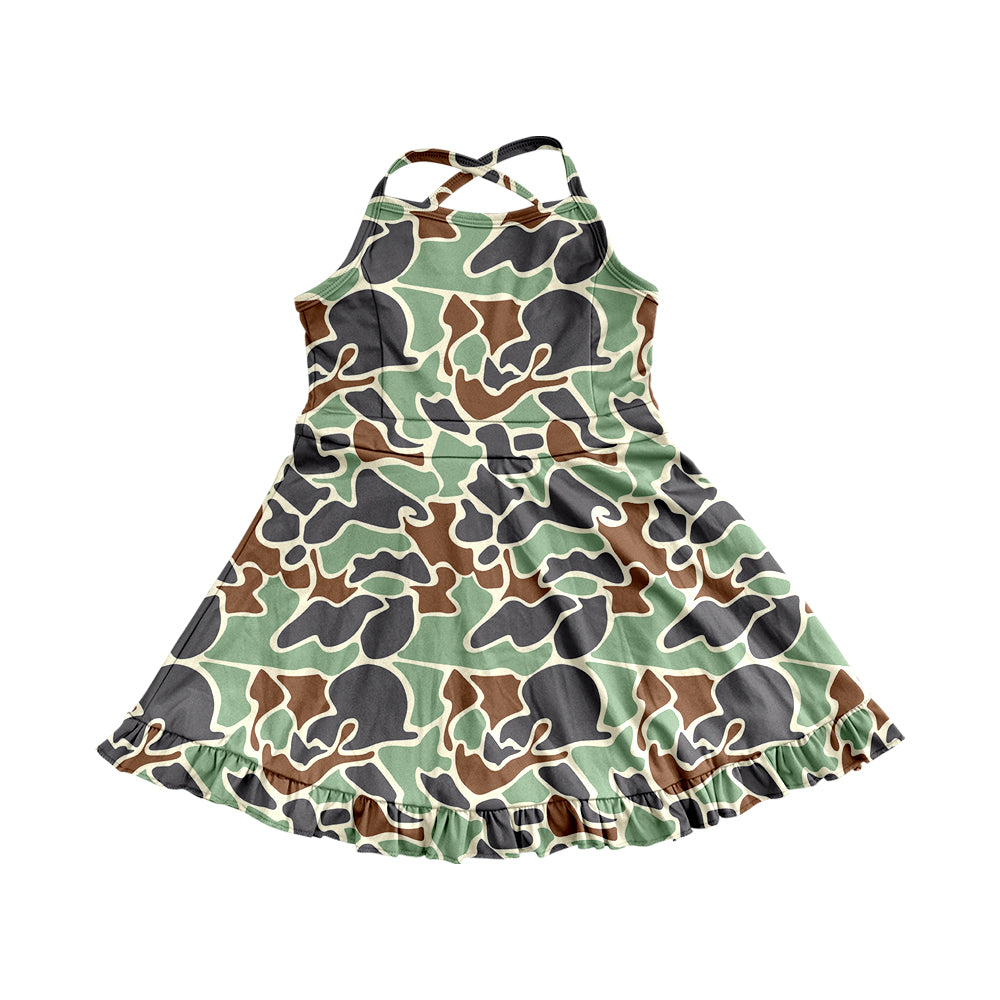 4.24 Pre order Girls Purple Camo Straps Ruffle Athletic Dress Children's Sportswear with Adjustable Straps for Comfortable Fit