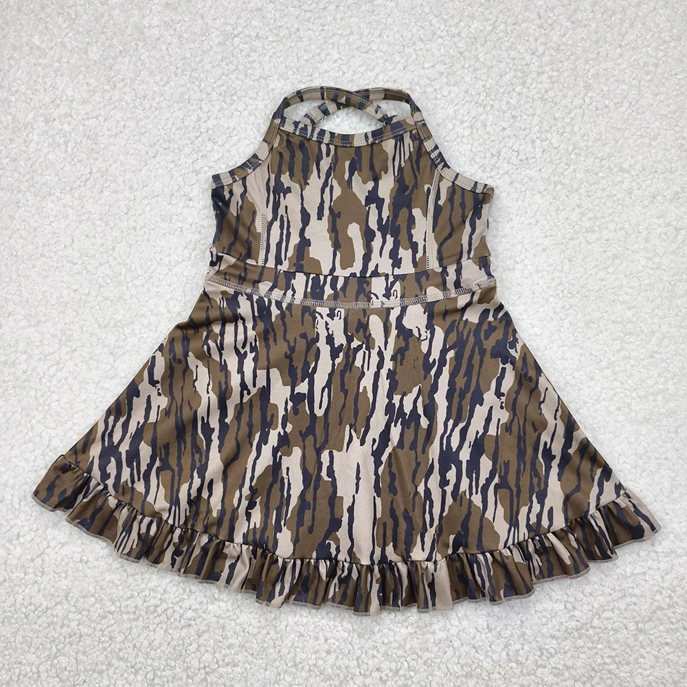 10.18 RST Sibling 6 colors Baby Girls Strap Camo Yoga Ruffle Knee Length Dresses