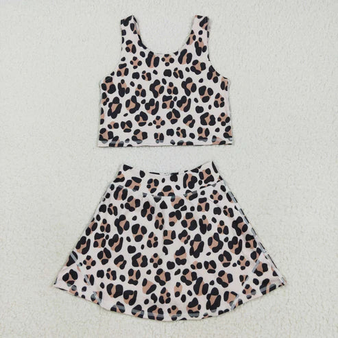 9.24 RTS Sibling Baby Girls Brown Leopard Shorts Yoga Active Knee Length Dresses Set