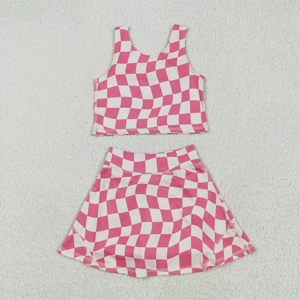 4.23 GSD2329 RTS NO MOQ Baby Girls Yoga Outfits Sleeveless pink plaid top skirt kids girls active wear set