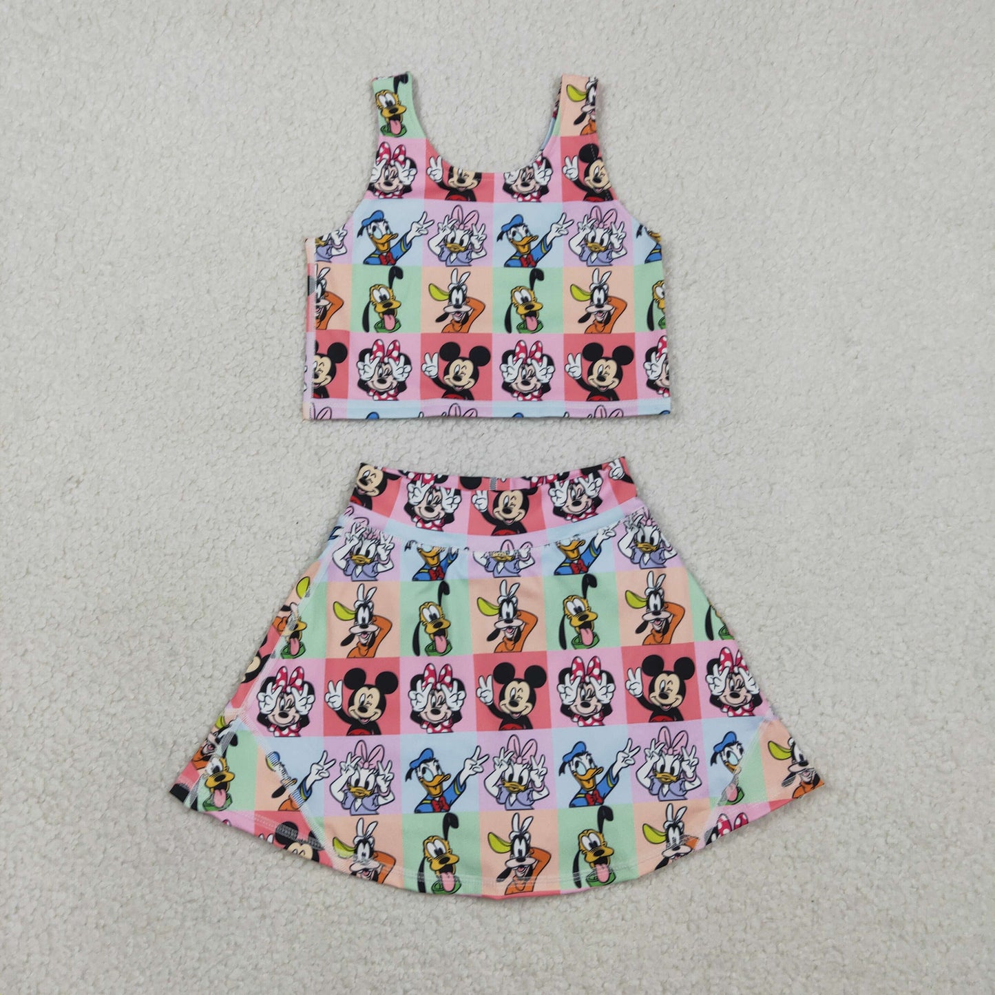 2.10 RTS NO MOQ (In stock)GSD2333 Kids Fashion Clothes Baby Girls Sleeveless Ducks Plaid Top Skort Yoga Sets