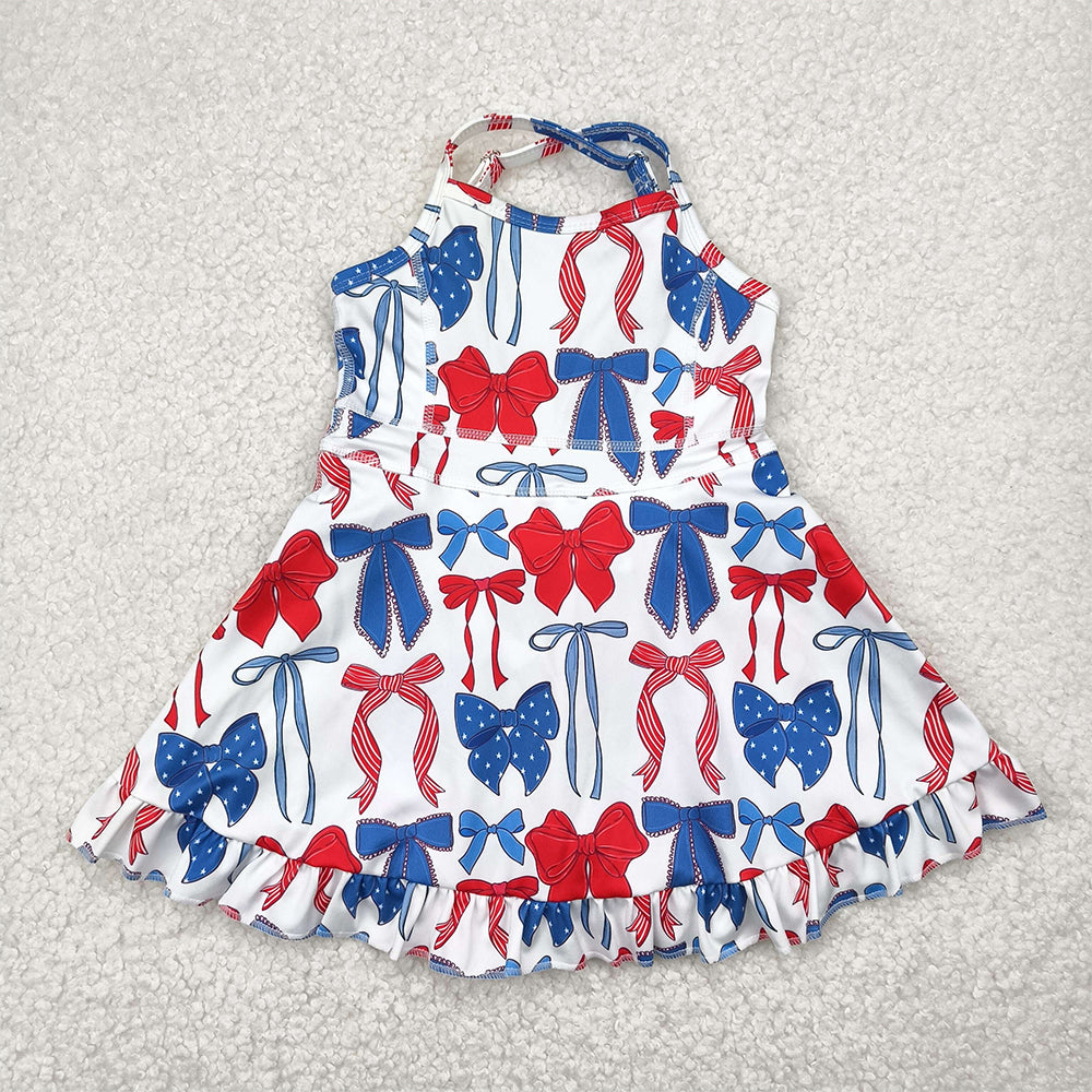 6.21 GSD2345 RTS NO MOQ Baby Girls Summer Yoga Dress Baby Girls Strap Blue Red Bows 4th Of July Yoga Active Knee Length Dresses