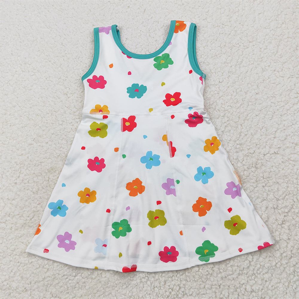 5.19 GSD2346 RTS NO MOQ Baby Girls Summer Yoga Dress Sleeveless white colorful floral kids girls athletic dresses