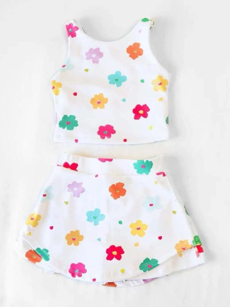 5.20 GSD2347 Pre order White colorful floral top skirt kids girls active wear