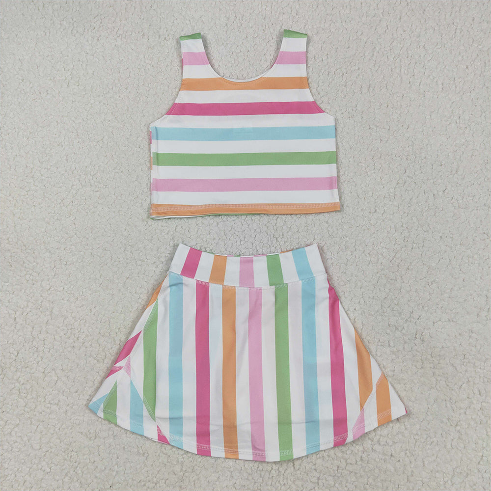 5.20 GSD2348RTS NO MOQ Baby Girls Yoga Outfits Sleeveless colorful stripe top skirt kids girls active wear