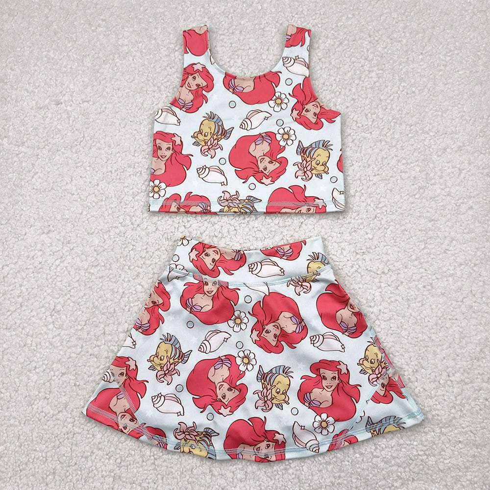 6.27 GSD2354 RTS NO MOQ Baby Girls Summer Yoga Outfits Sleeveless fish princess top skirt kids girls active wear