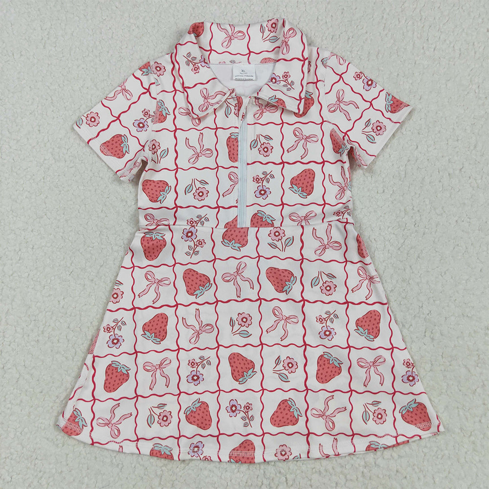 8.11 GSD2407RTS NO MOQ Baby Girls Summer Yoga Dress Baby Girls Short Sleeves Bows Strawberry Zipper Knee Length Dresses