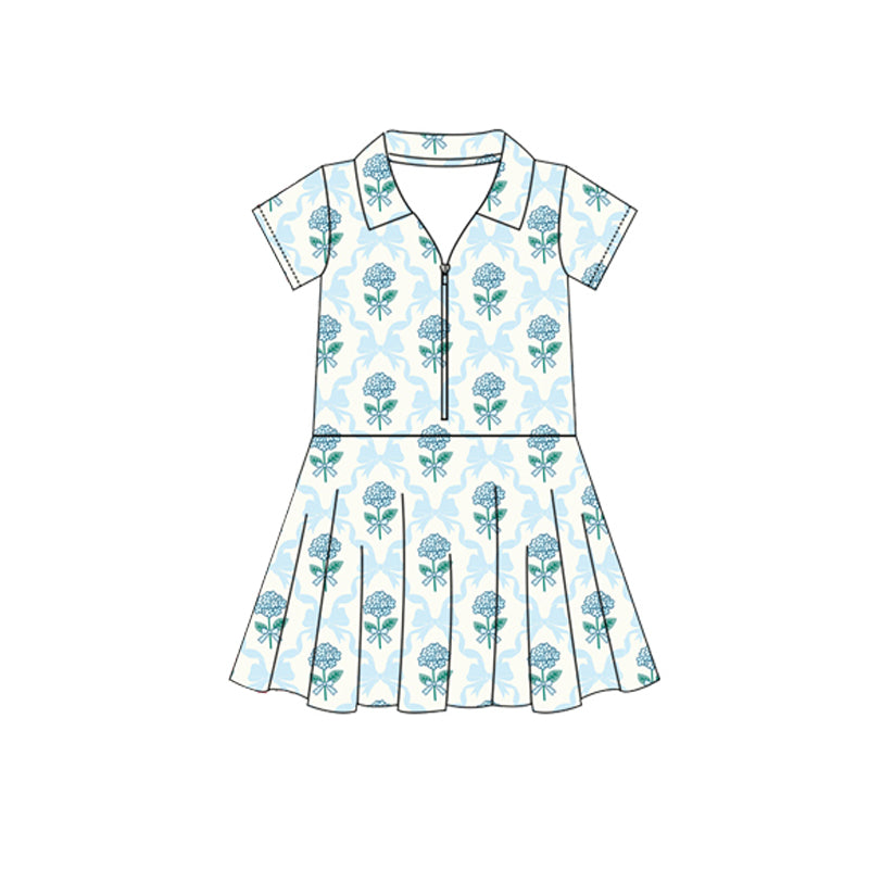 6.12 Pre order Baby Girls Short Sleeves Pink Flowers Golf Zipper Knee Length Dresses