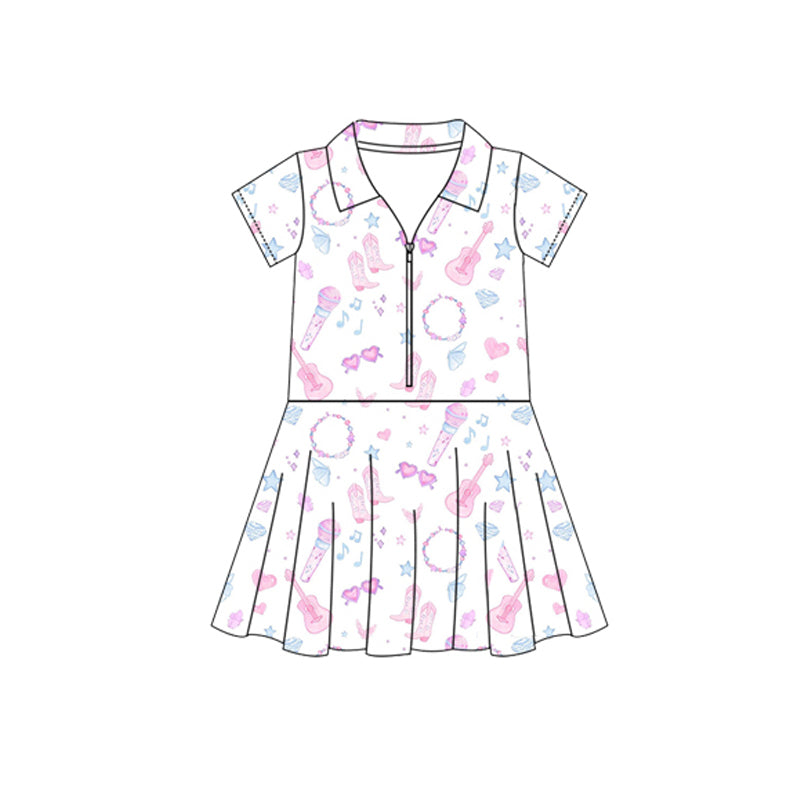 6.12 Pre order Baby Girls Short Sleeves Pink Flowers Golf Zipper Knee Length Dresses
