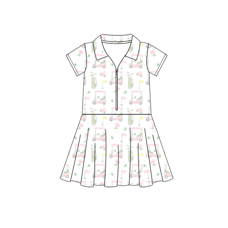 6.12 Pre order Baby Girls Short Sleeves Pink Flowers Golf Zipper Knee Length Dresses