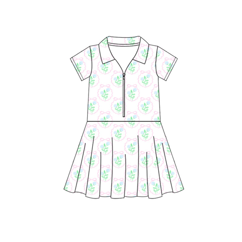 6.12 Pre order Baby Girls Short Sleeves Pink Flowers Golf Zipper Knee Length Dresses