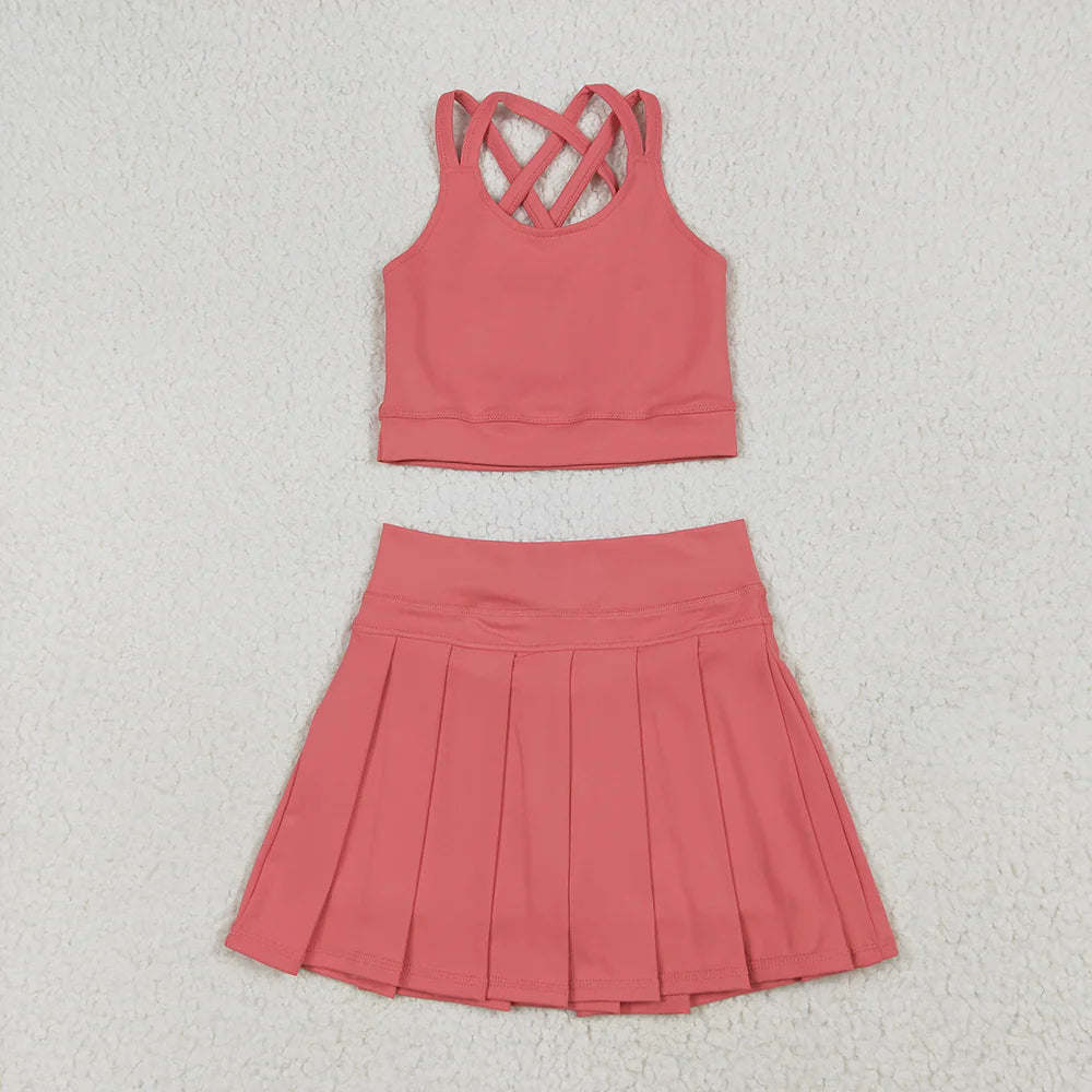 10.3 RTS 2 Colors Baby Girls Pink Strap Vest Top Pleated Skort Yoga Sets
