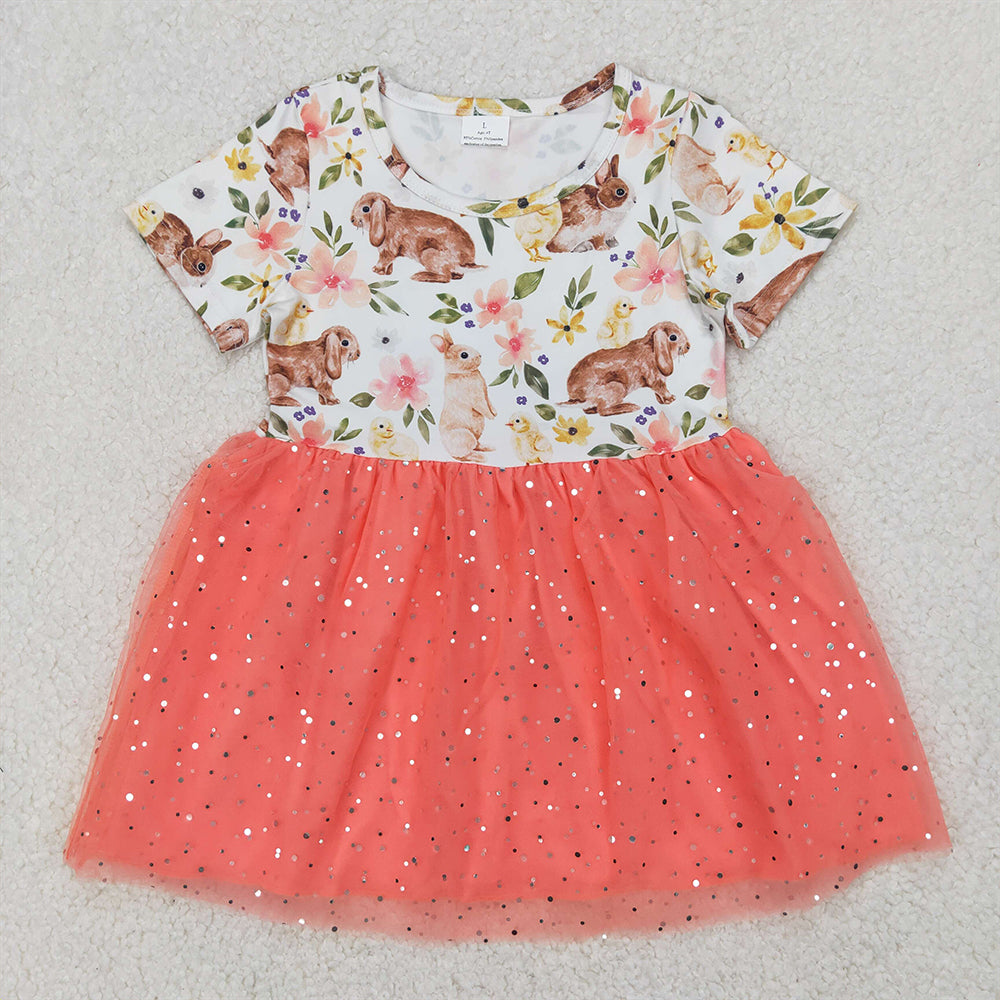 6.16 GSD2445 RTS NO MOQ Baby Girls Summer Dress Flower bunny sequin orange-red tulle short-sleeved dress