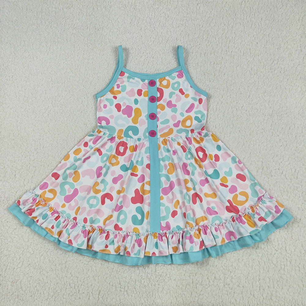 GSD2452 RTS NO MOQ Baby Girls Summer Dress Baby Girls Blue Strap Colorful Leopard Button Knee Length Dresses