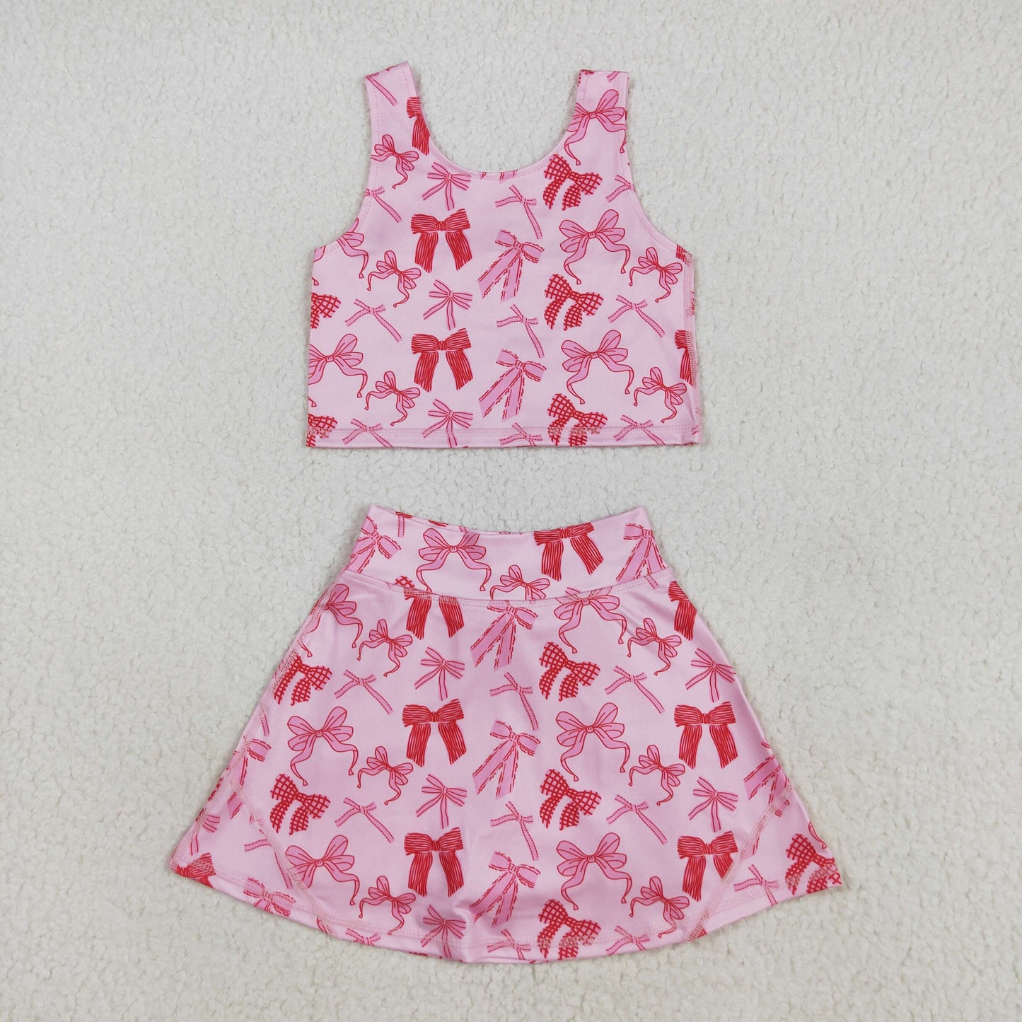 RTS NO MOQ (In stock)GSD2459 Baby Girls Yoga Outfits Baby Girls Sleeveless Pink Bows Top Skorts Yoga Sets